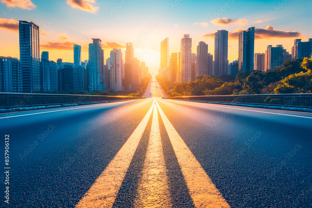 Poster sunrise on an urban road with skyscrapers, highlighting the play of light and shadow on the asphalt,