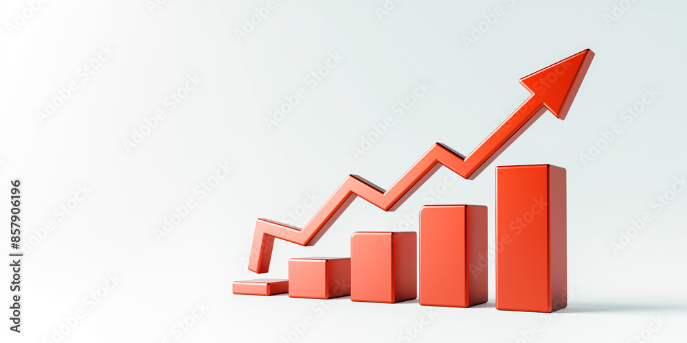 Poster Rising bar graph with an upward arrow, digital image, white background, concept of growth or progress. Generative AI