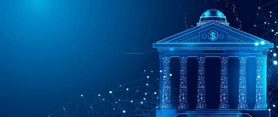 A digital blue bank building illustration on a dark background, representing financial technology concepts. Generative AI