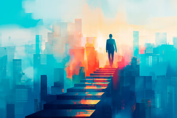 Silhouette of a businessman ascending steps with a vibrant, abstract cityscape in the background, concept of career growth. Generative AI