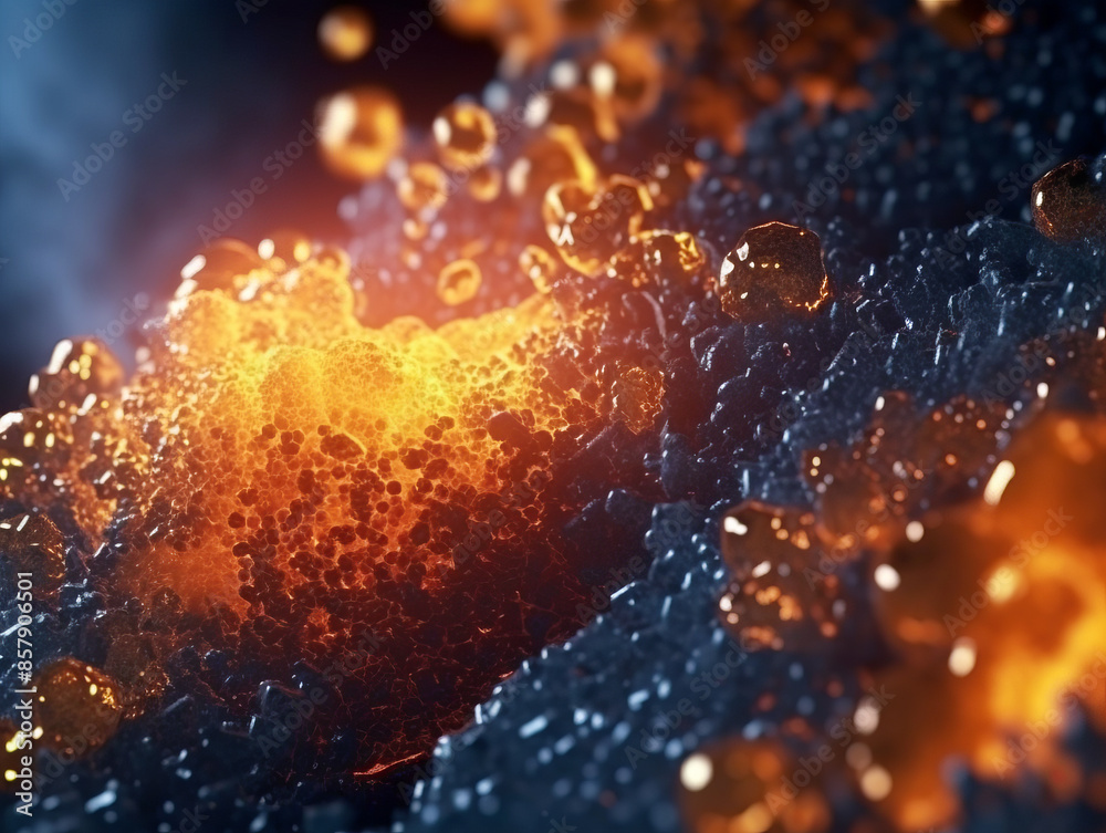Poster abstract orange and blue glowing particles on a dark background, depicting a dynamic, creative conce