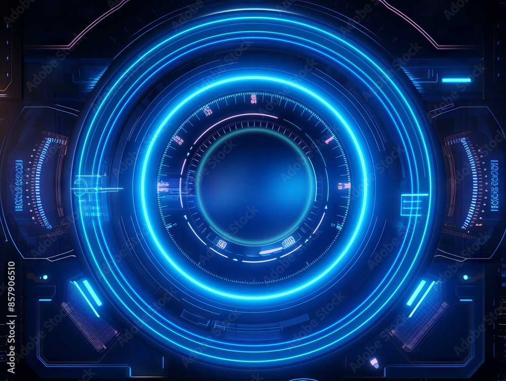 Poster futuristic digital interface with glowing blue elements on a dark background, concept of technology.