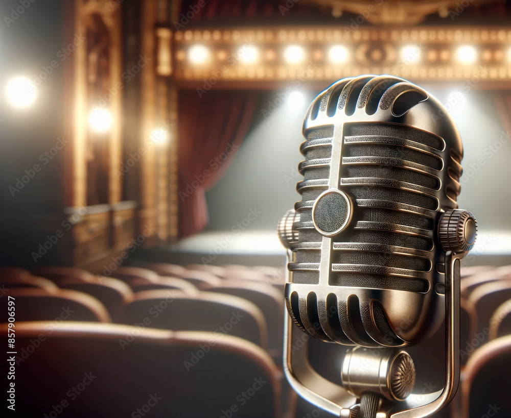 Poster vintage microphone in a theater with spotlight and blurred seats in the backdrop, symbolizing perfor