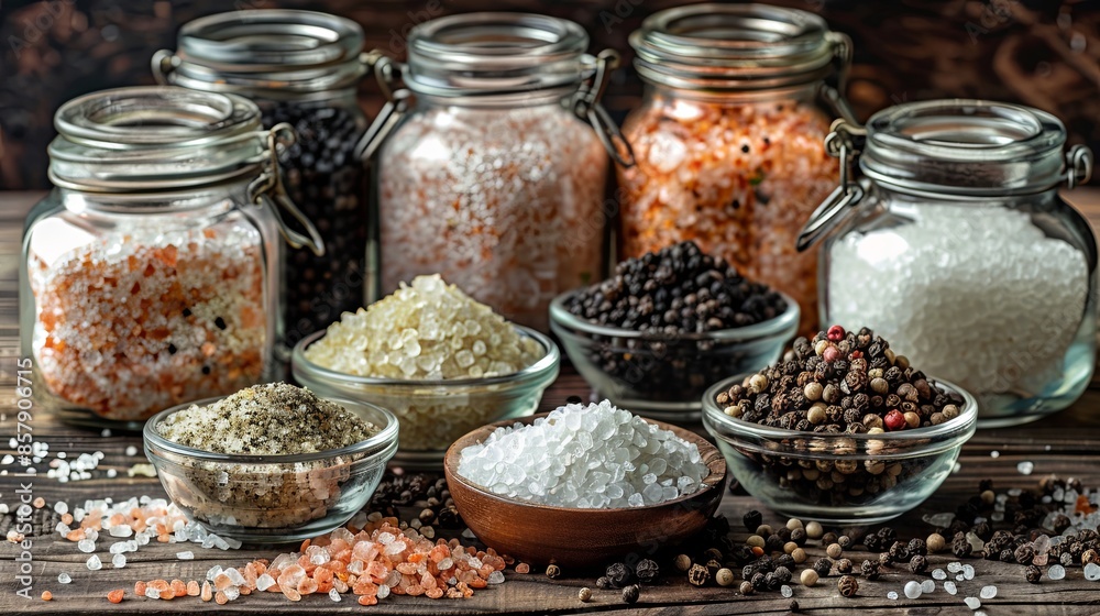 Poster various types of salt and pepper are displayed in glass jars and small bowls on a rustic wooden surf