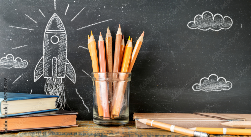 Poster a chalk-drawn rocket on a blackboard with pencils in a jar and books, symbolizing education or creat