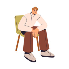Calm young man sits on soft chair and leans on knees with hands. Person relaxes on comfortable seat during waiting. Character rests at leisure. Flat isolated vector illustration on white background