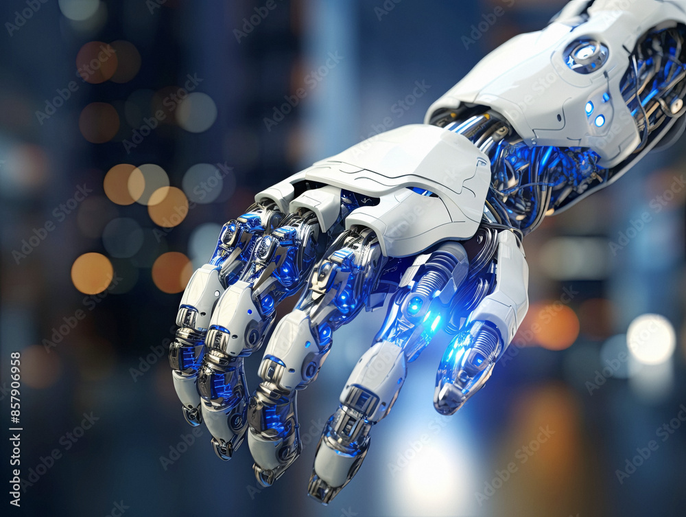 Poster detailed robot hand with blue lights, bokeh light background, concept of advanced technology. genera