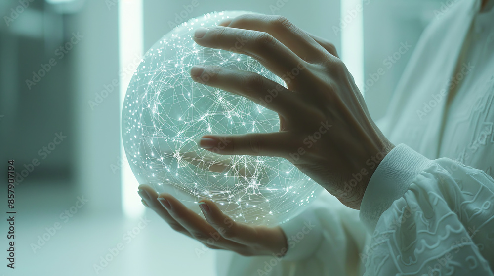 Poster close-up of hands holding an illuminated digital sphere, photo on a teal background, symbolizing inn