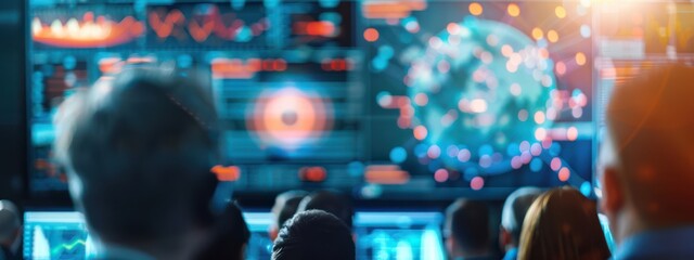 Fototapeta premium AI Ethics Panel: A panel of experts discussing AI ethics in a high-tech conference hall, with screens displaying data and diverse audience members engaging in the discussion.