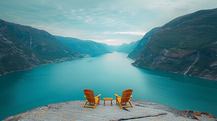 Two Empty Adirondack Chairs Overlooking Scenic Mountain Lake View in Morning