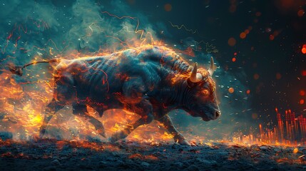 A surreal art piece of a bull charging forward, signifying a bullish market trend with abstract, upward-moving stock charts in the background.