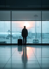 Fototapeta premium Solo Traveler with Suitcase Watching Sunrise Through Airport Terminal Window