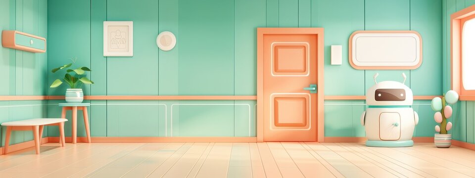 AI Health Bot in a Pediatric Clinic: A friendly, cartoon-like AI health bot assisting children by scheduling appointments and providing fun medication reminders, in a colorful, child-friendly clinic.