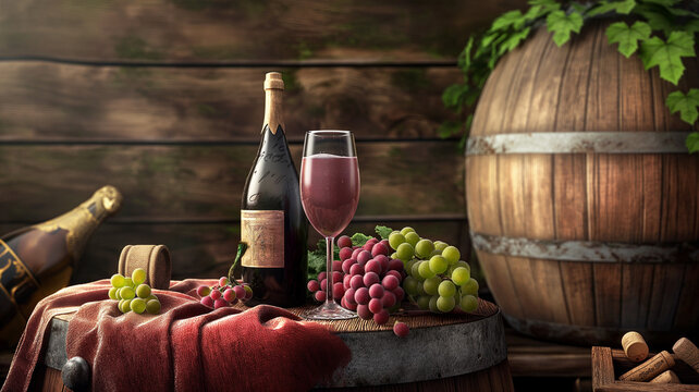 rose wine in glass with full bottle on wooden oak barrel red fabric, red grapes and green art design