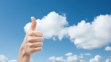 Vibrant outdoor image of hand giving thumbs up against blue sky symbolizing positivity, success, and approval.
