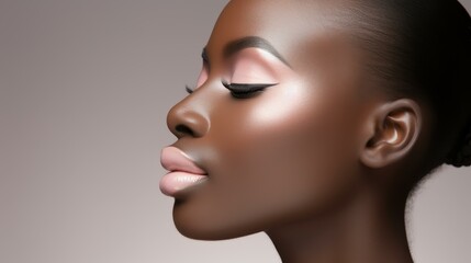Fototapeta premium Closeup of model with various foundation shades on cheek, highlighting diverse skin tones on neutral backdrop.