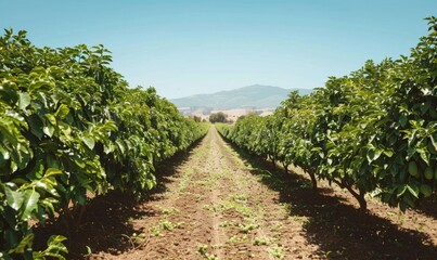 Naklejka premium A serene avocado farm landscape under a clear blue sky, featuring rows of lush green trees stretching into the distance