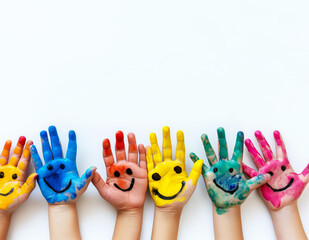 Children's hands with colorful paint and smiley faces on a white background, embodying the concept of fun and creativity. Generative AI