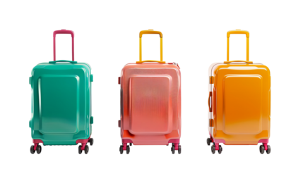 Three colorful suitcases with transparent backgrounds, perfect for travel-related promotions, luggage advertisements, holiday marketing, eco-friendly travel products, and travel agencies.
