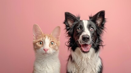 Obraz premium Cute Kitten and Happy Dog Sitting Together Against Pink Background