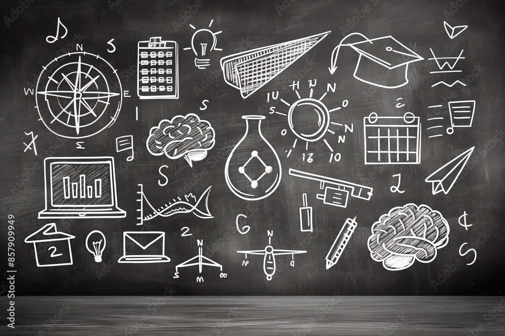 Poster various educational doodles on a chalkboard background, illustrating a concept of learning and creat