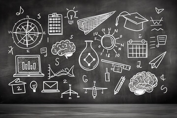 Various educational doodles on a chalkboard background, illustrating a concept of learning and creativity. Generative AI