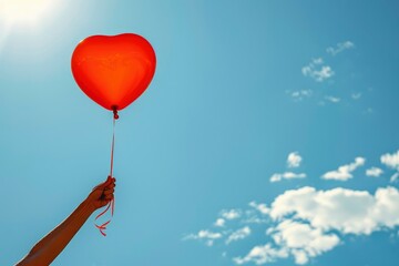  Holding a red heart balloon over a blue background on the left side of the screen, with clouds on the right, a heart-shaped balloon is held in hand while other balloons float away 
