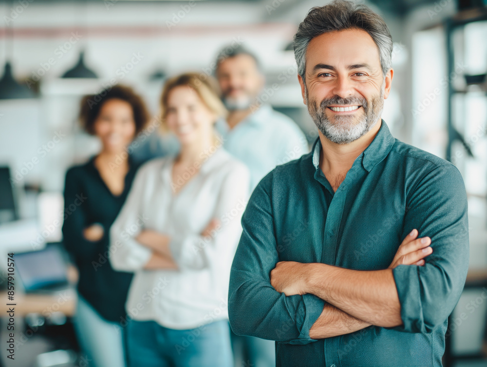 Poster a confident man in the foreground with arms crossed, behind him, a diverse group of smiling professi