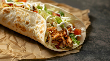 A freshly made fast food jackfruit taco with vibrant ingredients and a soft tortilla