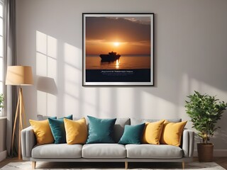 Frame mockup, ISO A paper size. Living room wall poster mockup. Interior mockup with house background. Modern interior design. 3D render