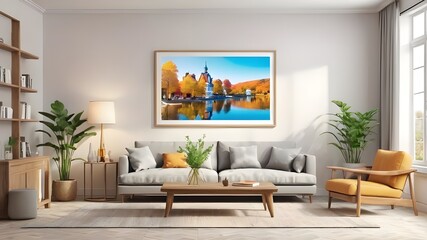 Frame mockup, ISO A paper size. Living room wall poster mockup. Interior mockup with house background. Modern interior design. 3D render