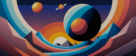 illustrazione di paesaggio astratto con elementi geometrici a tema cosmologico