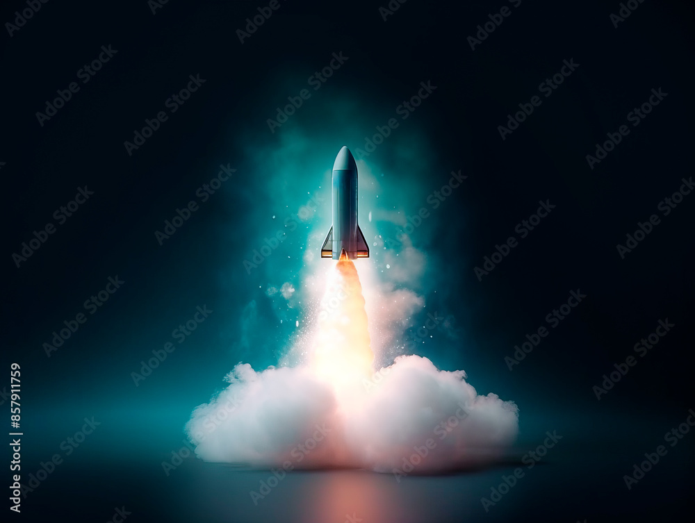 Poster a space rocket launching with a burst of flames and smoke on a dark blue background, displaying the 