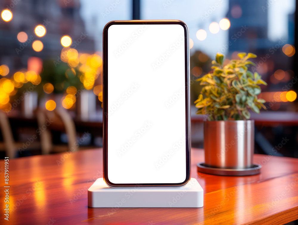 Aufkleber Smartphone mockup on a cafe table with warm bokeh lights in the background, concept of technology display. Generative AI