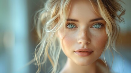 Naklejka premium A close-up portrait of a blonde woman with bright blue eyes and a gentle smile, her soft expression and natural beauty making the image serene and engaging.