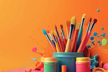 A colorful explosion of paint brushes pencils and other art supplies Concept of creativity and art