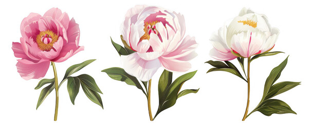 Set of Peony Flowers in Bloom
