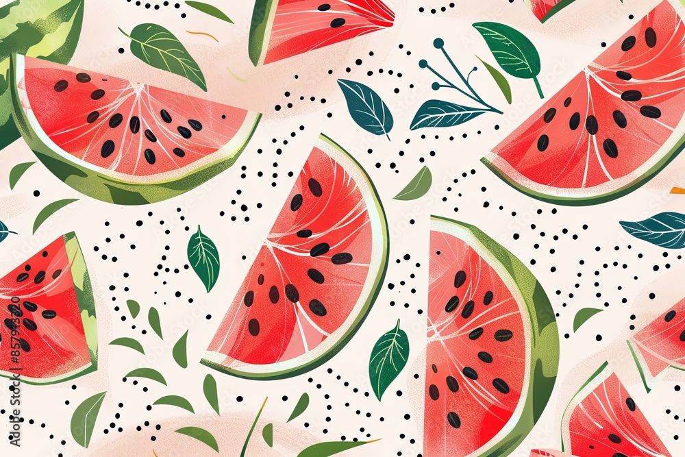 Aufkleber a close-up view of red watermelon slices, with black seeds and green rind, on a light background. th