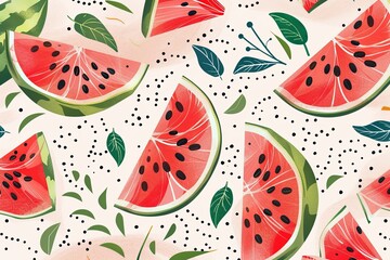 A close-up view of red watermelon slices, with black seeds and green rind, on a light background. There are also small green leaves scattered throughout the image. Generative AI