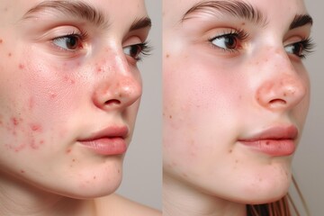 Obraz premium Closeup of a woman's face before and after using a cream for skincare. Skin treatment. No makeup. Allergy. Young girl's face skin with blemishes. Eczema. Skin care. Progress. Rash. Pimples on cheeks