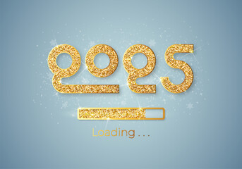 Progress bar with golden particles on white Download New Year's Eve. Loading animation screen with Glitter confetti shows almost reaching 2025. Creative festive banner with shiny progress bar.