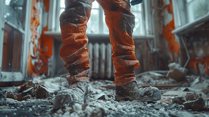 This image shows a worker standing amidst debris in a demolished room, wearing protective orange pants and boots, symbolizing construction and renovation activities.