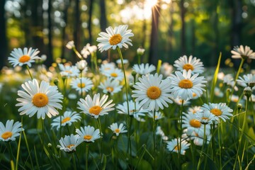 Fototapeta premium spring landscape with meadow flowers and daisies in the grass. ai generative