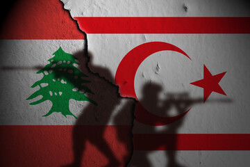 Lebanon flag and cyprus flag on wall and soldiers shadow