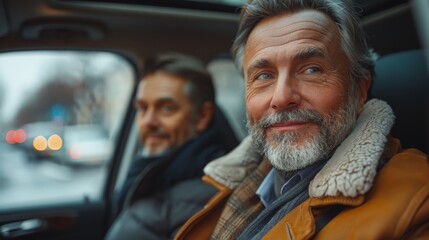 An older man with a beard, exuding confidence, shares a winter car ride with his friend, both dressed warmly, caught in a candid and spontaneous moment.