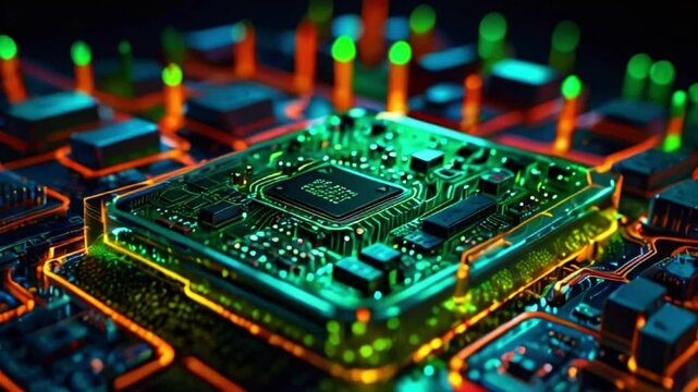 A close-up of a computer chip with green and orange lights on a circuit board.