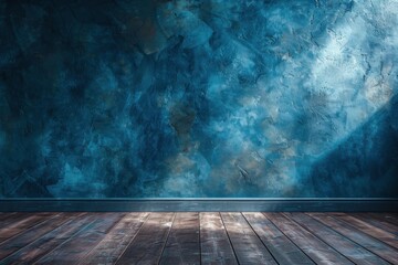 backdrop for design and product presentation with blue wall, light reflections and wooden floor. ai generative