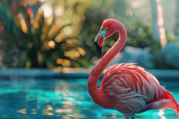 A vibrant pink flamingo stands gracefully by a tropical poolside, its feathers glowing in the sunlight with lush greenery in the background.
