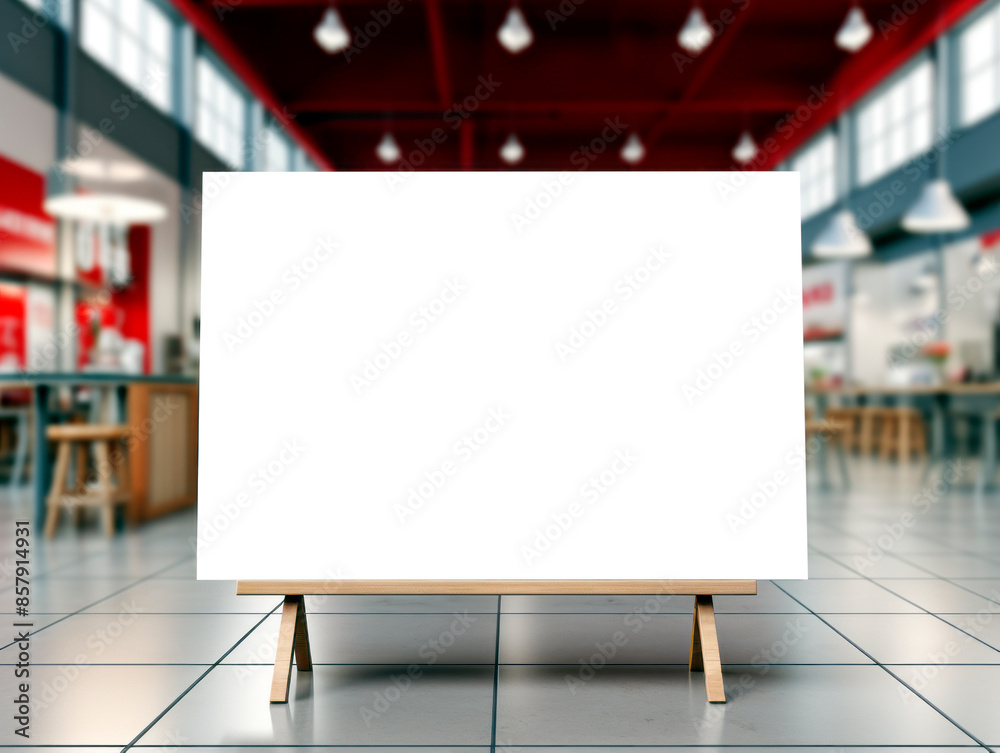 Poster an empty white board in a blurred restaurant interior, ideal for a branding mockup, on a clean and s
