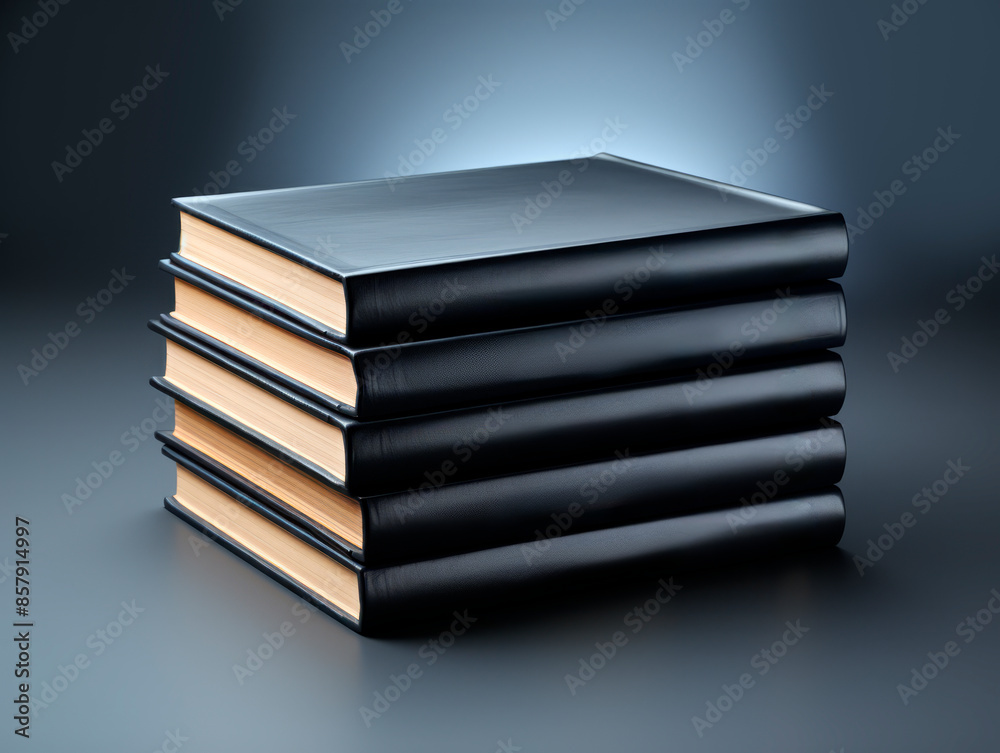 Poster a stack of black leather bound books on a dark gradient background, concept of education. generative